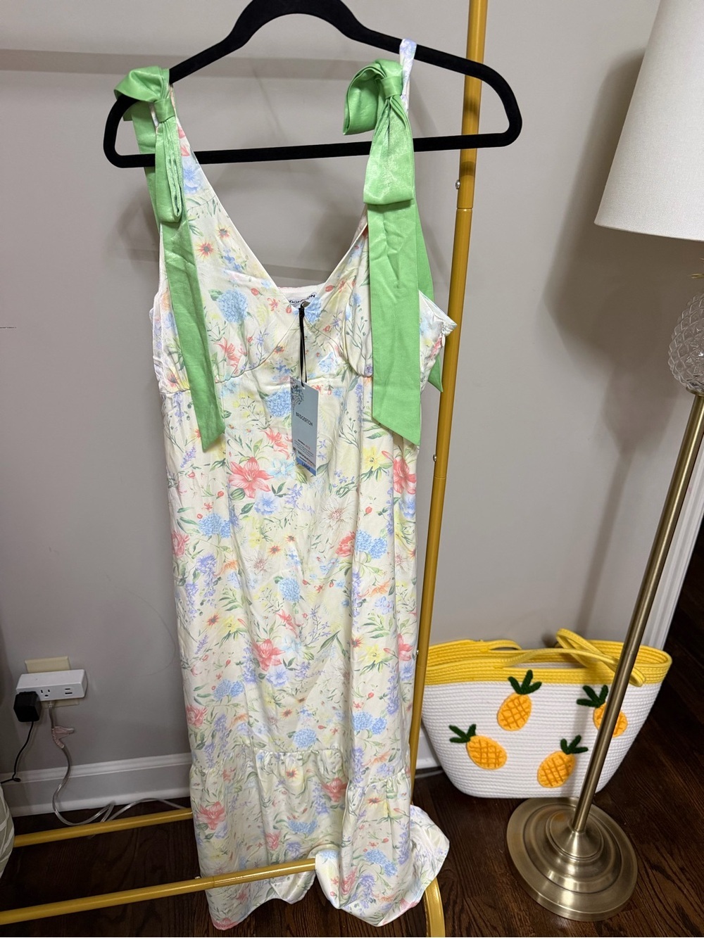 Net Bridgerton Pastel Floral Tie-Shoulder Maxi Dress in Cream and Light Green